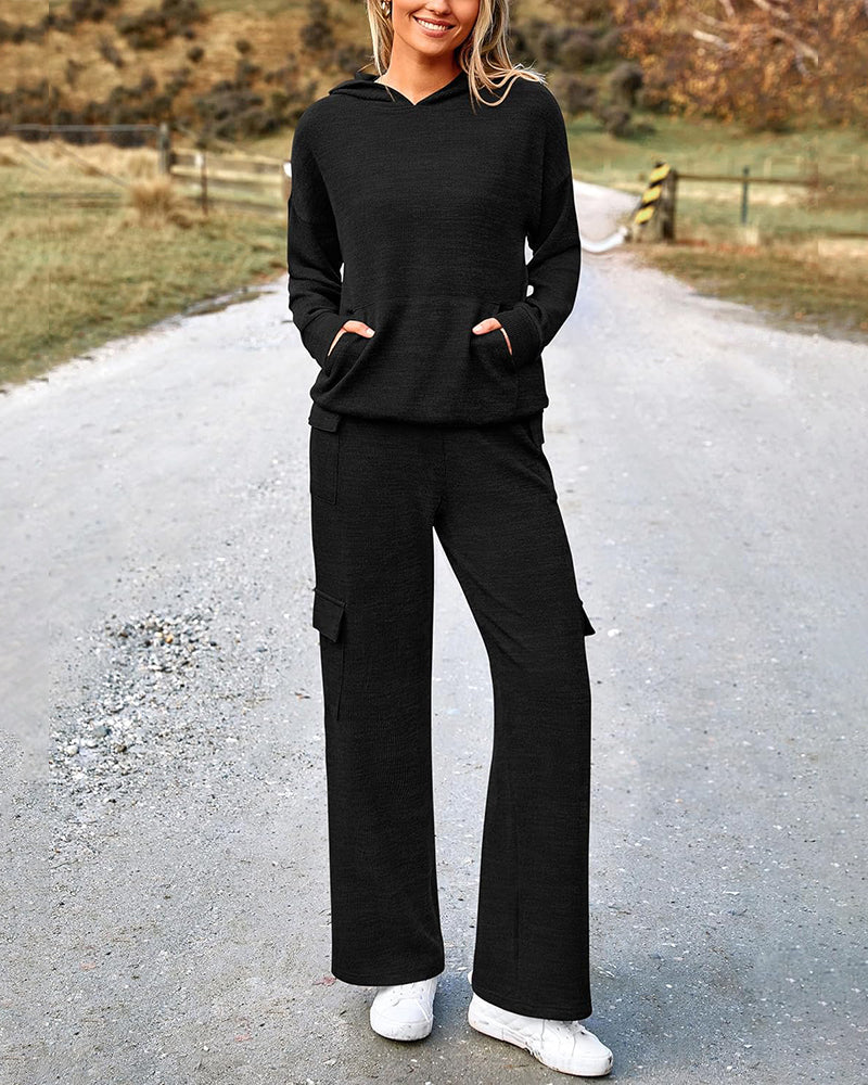 2-Piece Knit Hoodie & Wide Leg Pants Outfit