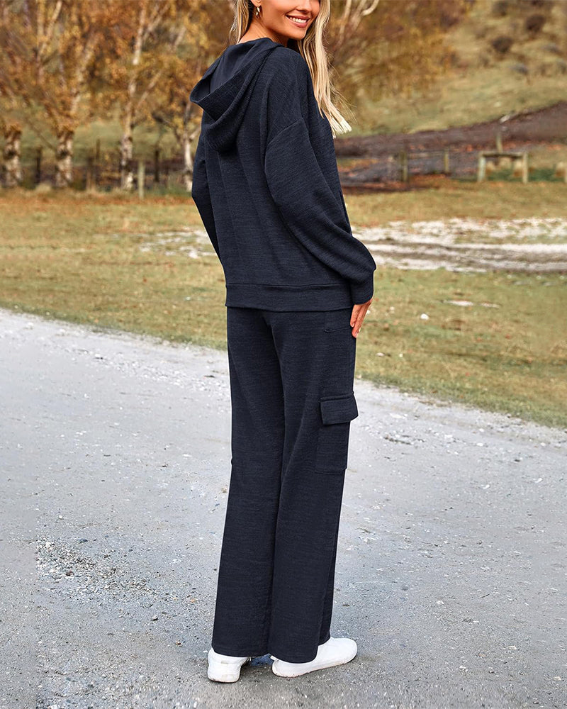 2-Piece Knit Hoodie & Wide Leg Pants Outfit