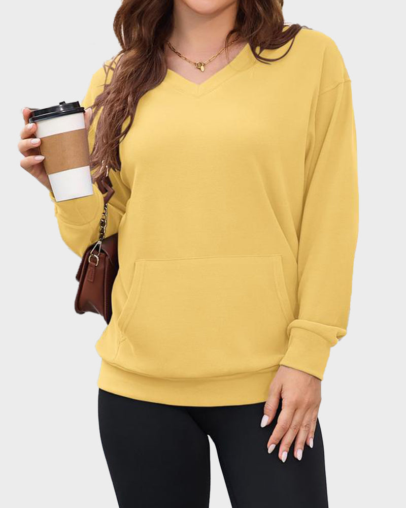 Hoodless Oversized Fleece V-Neck Sweatshirt Top