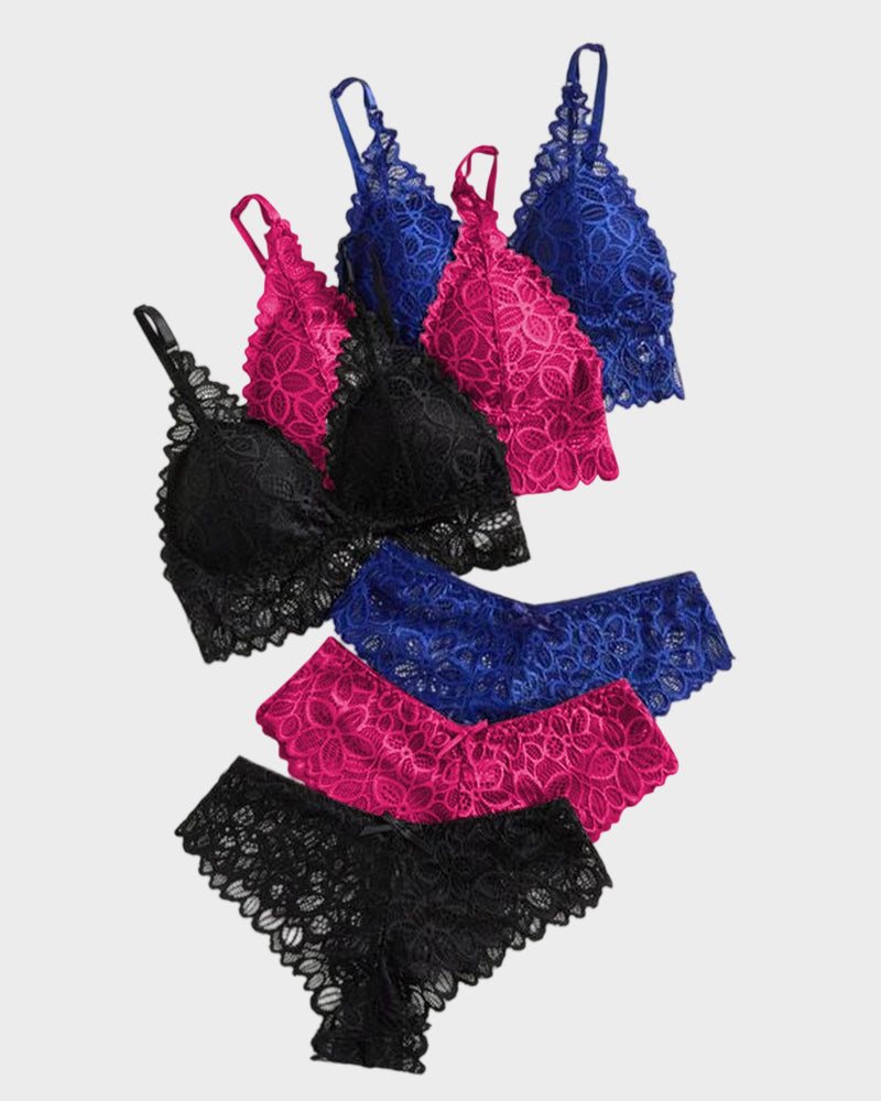 Romantic Lace Triangle Bra & Panty Lingerie Set(3 Pack)