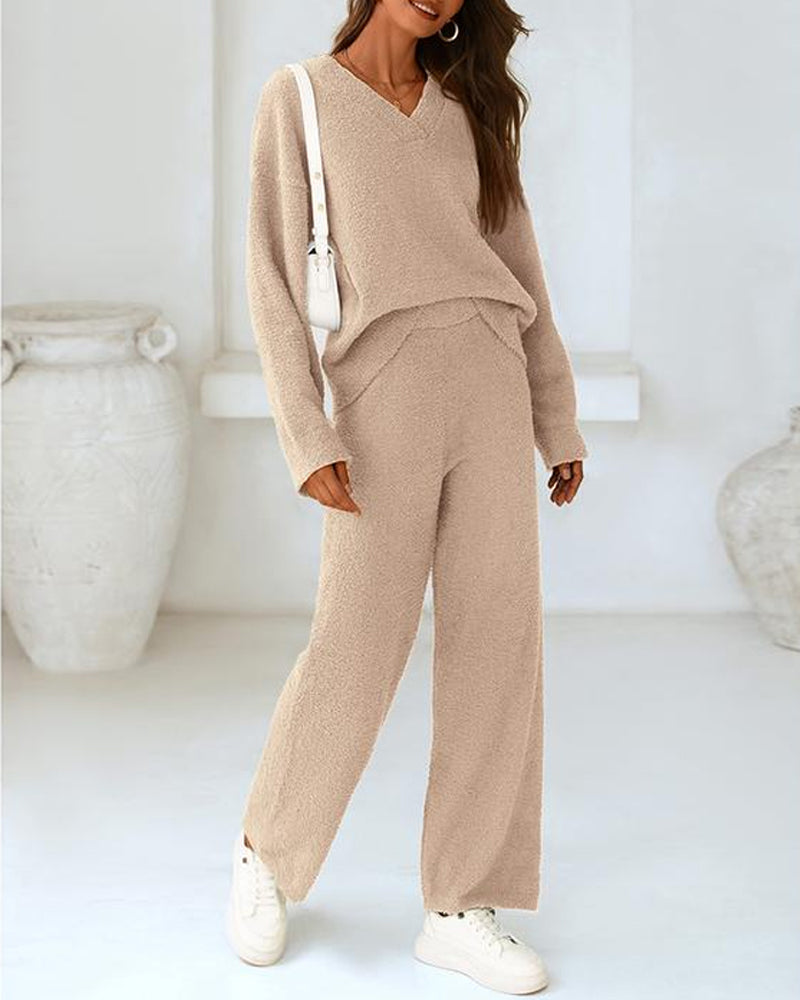 Soft Fuzzy V-Neck Loungewear Set