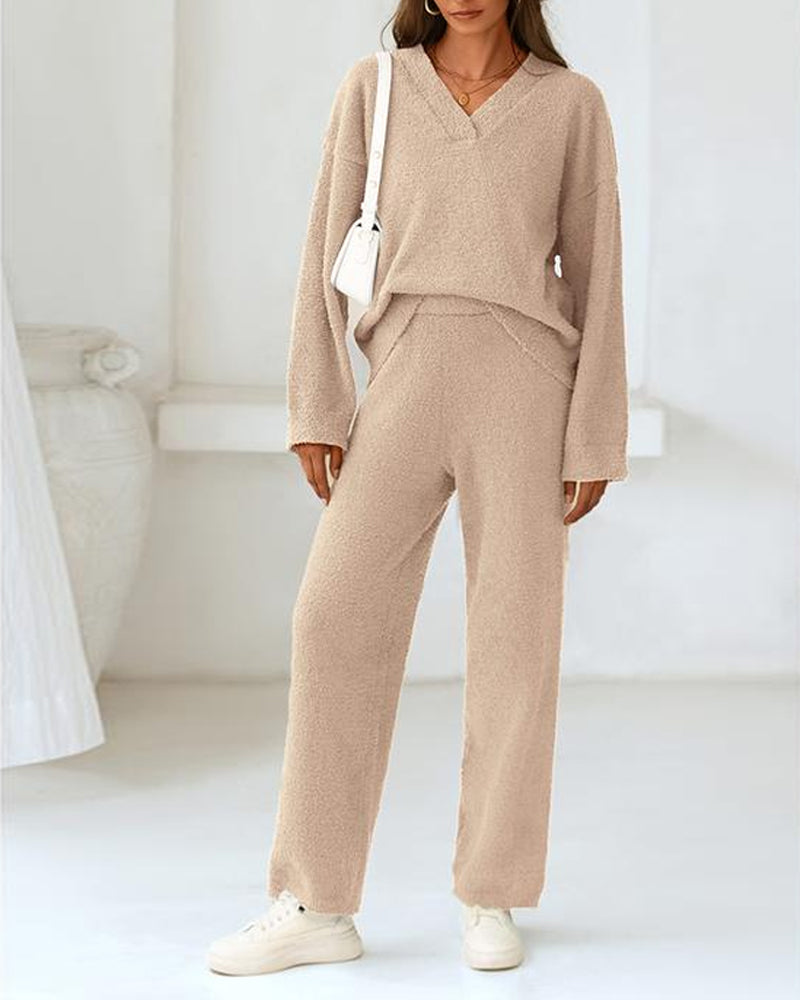 Soft Fuzzy V-Neck Loungewear Set