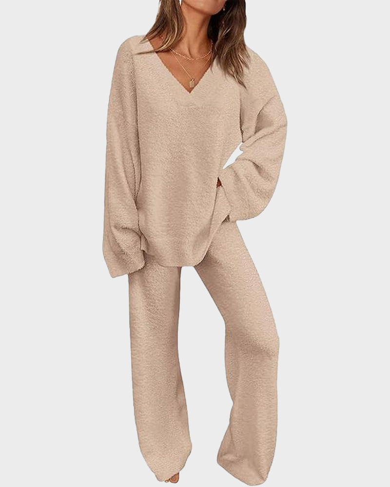 Soft Fuzzy V-Neck Loungewear Set