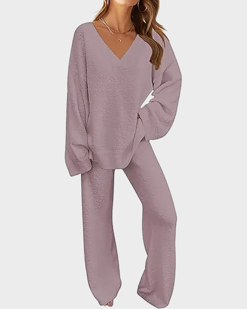 Soft Fuzzy V-Neck Loungewear Set