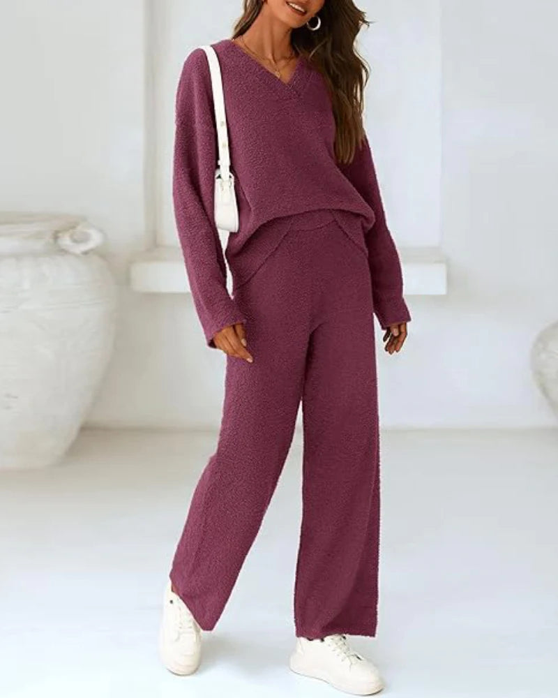 Soft Fuzzy V-Neck Loungewear Set